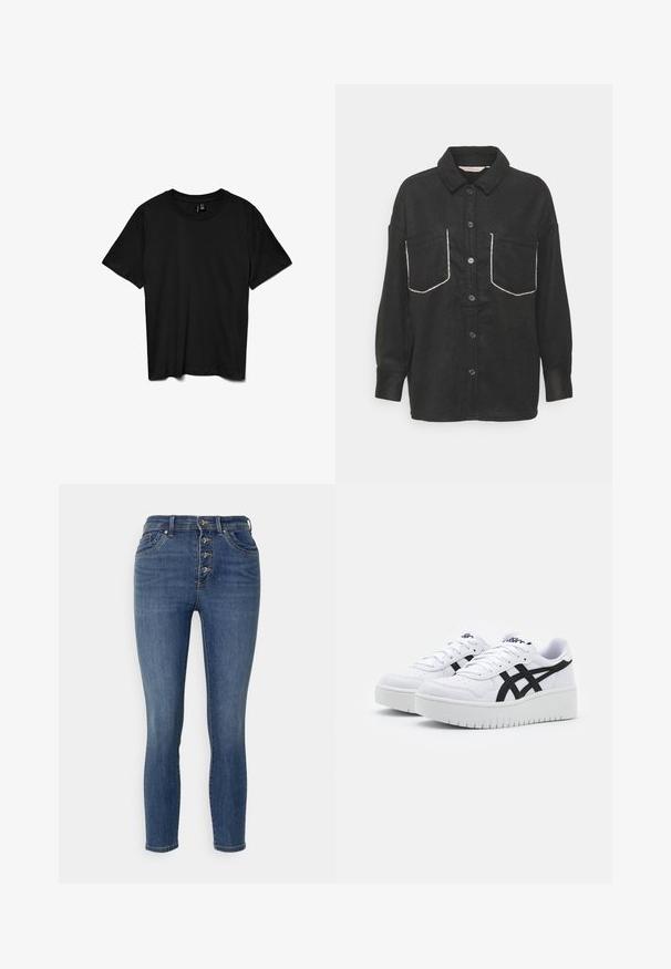 ONLY Petite ONLKINSLEY - Lichte jas - black; Zwart T-shirt met korte mouwen en ronde hals, effen ontwerp, plat gelegd op een witte achtergrond.; Donkerblauwe denim jeans met een hoge taille, vijf knopen en een lichte vervaging. Slim fit met standaard zakken en een rechte pijp.; Witte sneakers met een textuur oppervlak, zwarte zijstrepen en een dikke witte zool. Heeft een vetersluiting en een logo op de tong.