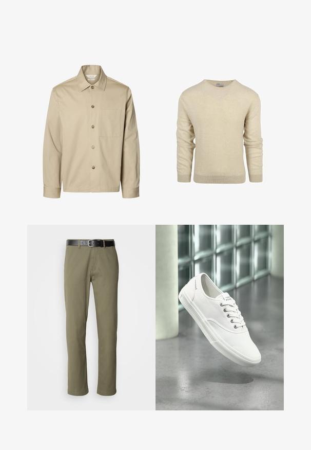 Camisa beige de manga larga con botones, con cuello y un bolsillo en el pecho, mostrada de frente sobre un fondo blanco.; Jersey beige de cuello redondo con mangas largas y puños y dobladillo acanalados, mostrado sobre un fondo blanco liso.; Pantalones rectos de color verde oliva, hechos de algodón, con un cinturón de cuero negro, costuras visibles y bolsillos laterales.; Zapatilla blanca de lona baja con cordones, etiquetada como Tommy Hilfiger, mostrada flotando sobre un suelo gris liso cerca de una pared de bloques de vidrio.