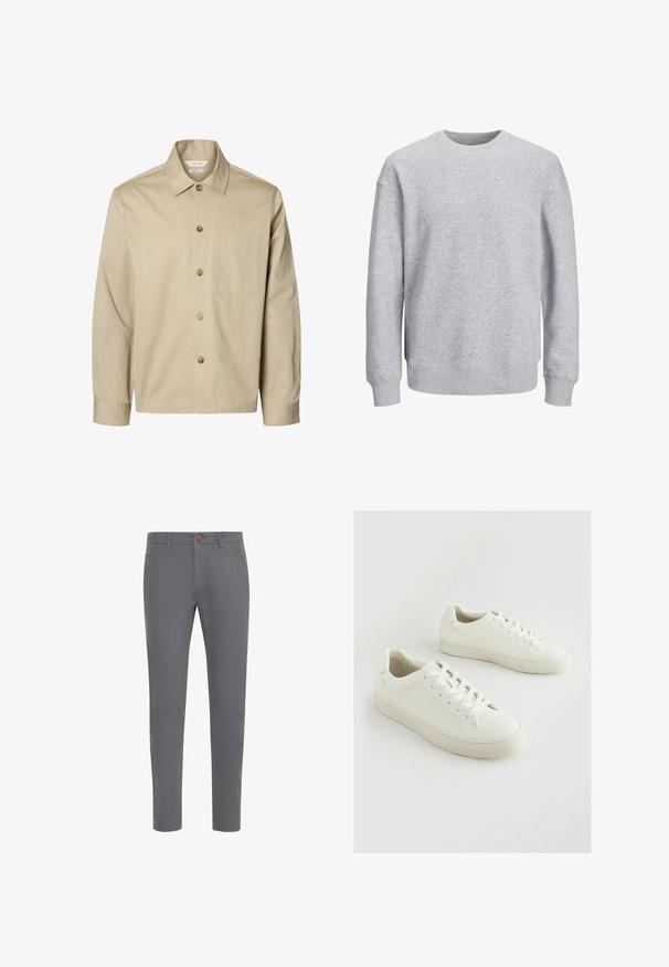 Beežika pika varrukaga nööbitav särk krae ja ühe rinnataskuga, esiküljelt valgel taustal.; Hallitus hall sweatshirt, ümmarguse kaeluse, pikkade varrukate ning ribatud mansettide ja äärtega. Valmistatud pehmest kangast, omab mugavat lõiget, ilma mustrite või aksessuaarideta.; Hallid puuvillased püksid, millel on istuv disain, nupuga sulgemine, tavalised taskud ja sile tekstuur.; Valged tennised, mis on valmistatud tekstureeritud sünteetilisest materjalist, varustatud ümarate ninade, paeltega kinnitamise ja veidi tõstetud kummisest tallaga.