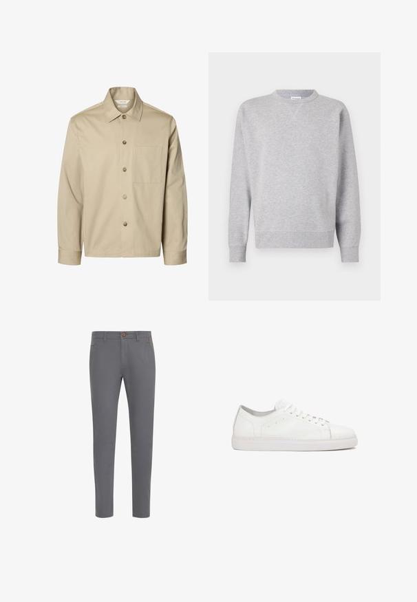 Camisa beige de manga larga con botones, con cuello y un bolsillo en el pecho, mostrada de frente sobre un fondo blanco.; Sudadera gris hecha de tela suave, con cuello redondo, mangas largas, puños acanalados y dobladillo recto. Sin patrones ni gráficos visibles.; Pantalones de algodón grises con un diseño ajustado, que cuentan con un cierre de botón, bolsillos estándar y una textura suave.; Zapatillas blancas de cuero con una textura suave, puntera redondeada, diseño de cordones y sutiles acentos de costura sobre una suela plana de goma.