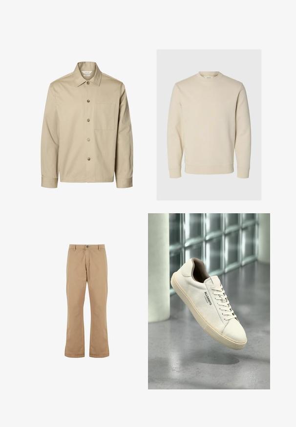 Chemise beige à manches longues avec boutons, col et une poche poitrine, montrée de face sur fond blanc.; Sweat-shirt crème à manches longues avec col rond, poignets et ourlet côtelés, présenté sur un fond clair uni.; Pantalon beige coupe droite avec passants pour ceinture, bouton à l’avant et fermeture éclair, présenté sur fond blanc.; Baskets en toile blanche avec semelle et lacets beige, logo "AllSaints London" sur le côté, flottant au-dessus d'un sol gris poli près de blocs de verre.