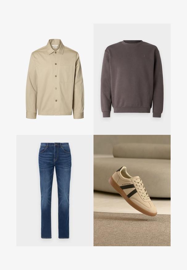 Beige langärmliges Hemd mit Knopfleiste, Kragen und einer Brusttasche, von vorne auf weißem Hintergrund dargestellt.; Grauer Baumwoll-Sweatshirt mit rundem Ausschnitt, gerippten Bündchen und Saum. Mit kleinem, tonal gehaltenem Logo auf der Brust. Weicher Stoff.; Dunkelblaue Denim-Jeans mit klassischem gerade geschnittenem Schnitt, Fünf-Taschen-Design und leichtem Verblassen an den Beinen. Mit Knopf- und Reißverschluss.; Tom Tailor Sneaker aus beigem Canvas mit schwarzen Streifen, Gummisohle und strukturierter Oberfläche, mit traditionellem Schnürdesign.