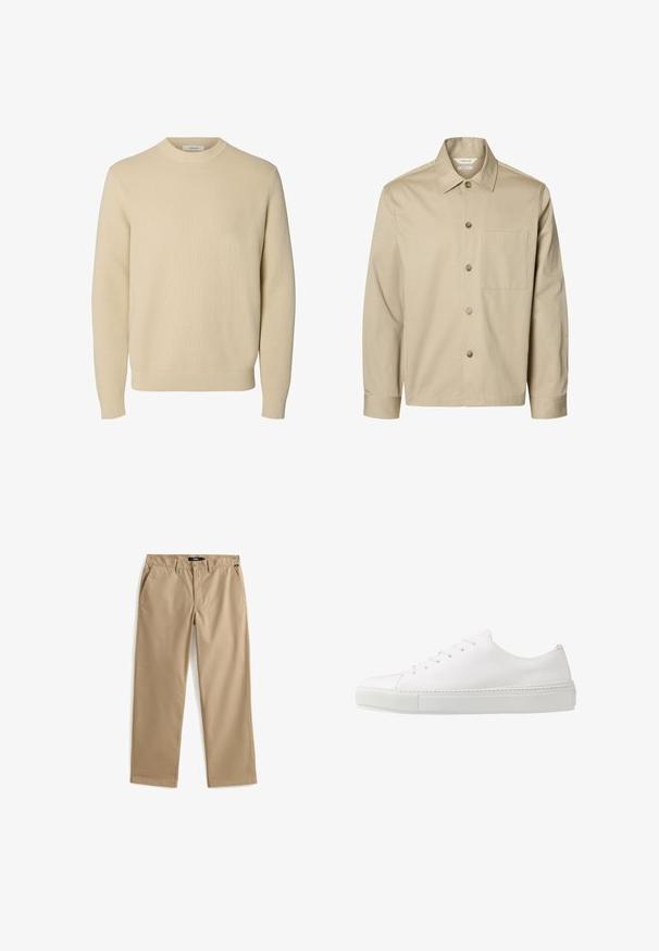 Beige overhemd met lange mouwen, knopen, een kraag en één borstzak, van voren getoond tegen een witte achtergrond.; Effen beige ronde hals gebreide trui met lange mouwen en geribde boorden en zoom.; Beige recht gesneden chino's van lichtgewicht katoen. Voorzien van twee voorzakken en een knoopsluiting. Gladde textuur, minimale details.; Witte leren sneaker met een gladde afwerking, ronde neus en zes oogjes voor veters. Voorzien van een getextureerde rubberen zool en een minimalistisch ontwerp.
