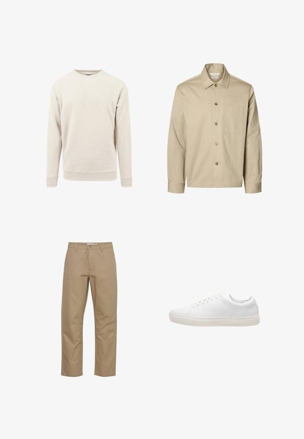 Beige langärmliges Hemd mit Knopfleiste, Kragen und einer Brusttasche, von vorne auf weißem Hintergrund dargestellt.; Helles beiges Sweatshirt aus weichem Stoff, mit rundem Hals, langen Ärmeln und gerippten Bündchen an den Ärmeln und am Saum.; Beige Baumwollhose mit geradem Bein, ausgestattet mit einem vorderen Knopf- und Reißverschluss, Seitentaschen und einem sauberen Finish.; Weiße Leder-Sneaker mit glatter Textur, runder Zehenpartie, Schnürverschluss und flacher Gummisohle. Minimalistisches Design ohne sichtbare Muster.