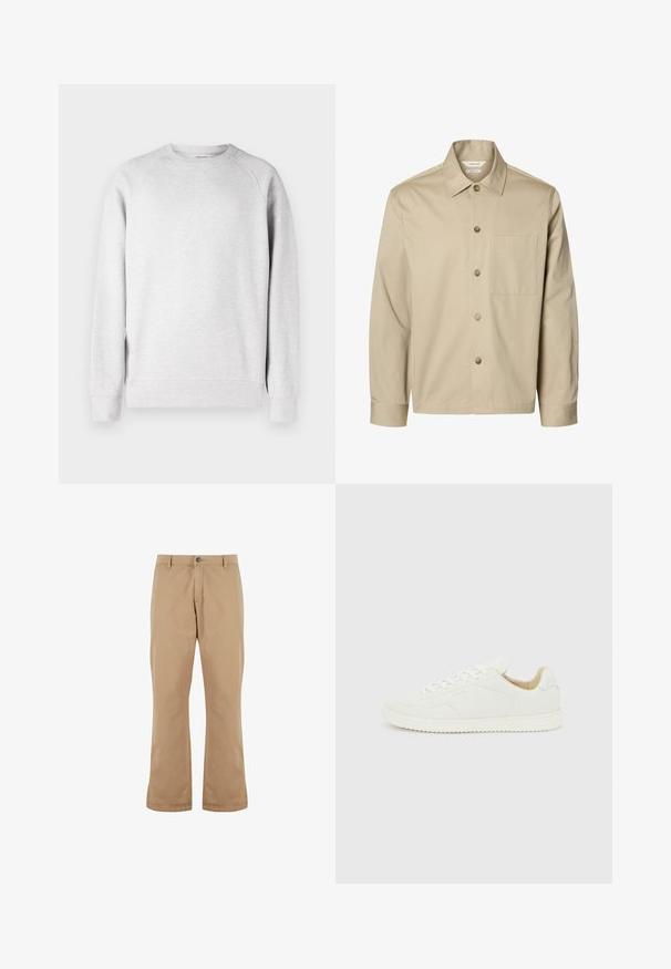 Camisa beige de manga larga con botones, con cuello y un bolsillo en el pecho, mostrada de frente sobre un fondo blanco.; Sudadera de cuello redondo en gris claro, con mangas largas, puños y dobladillo acanalados, exhibida sobre un fondo blanco.; Pantalones de algodón beige con un corte recto, que cuentan con un cierre de botón, bolsillos frontales y una textura suave.; Zapatilla blanca de cuero de corte bajo con cordones blancos y suela texturizada, mostrada desde el costado exterior sobre un fondo gris claro.