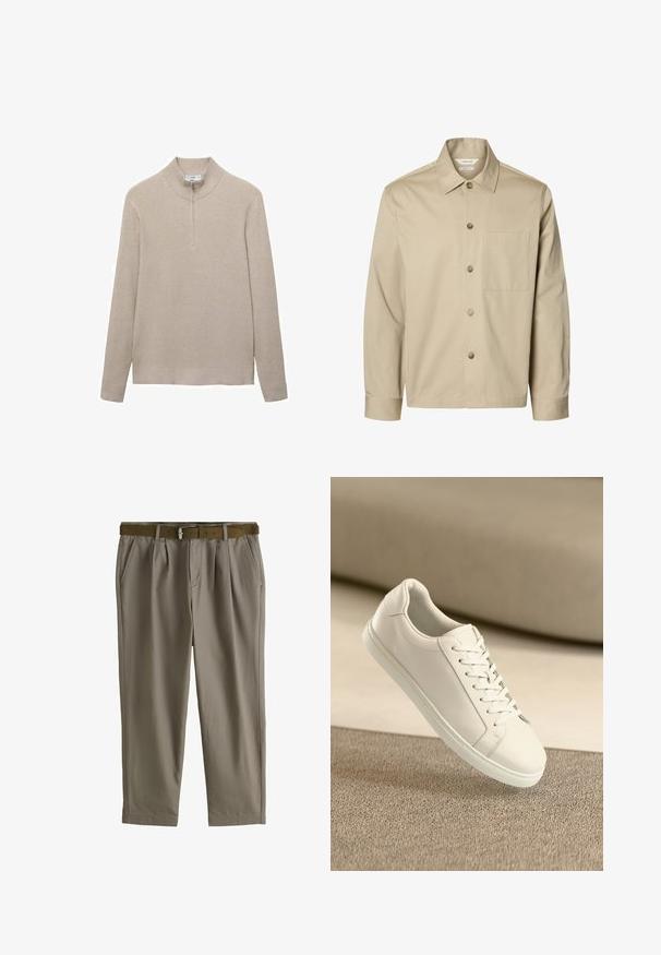 Camisa beige de manga larga con botones, con cuello y un bolsillo en el pecho, mostrada de frente sobre un fondo blanco.; Suéter beige con canalé, cuello alto y cierre de media cremallera. Las mangas largas y el diseño ajustado del dobladillo realzan el aspecto texturizado.; Pantalones plisados color topo con bolsillos laterales y un cinturón marrón con hebilla plateada, mostrados sobre un fondo blanco.; Zapatilla de cuero blanca con cordones blancos, exhibida sobre una superficie texturizada beige y un suave fondo desenfocado.