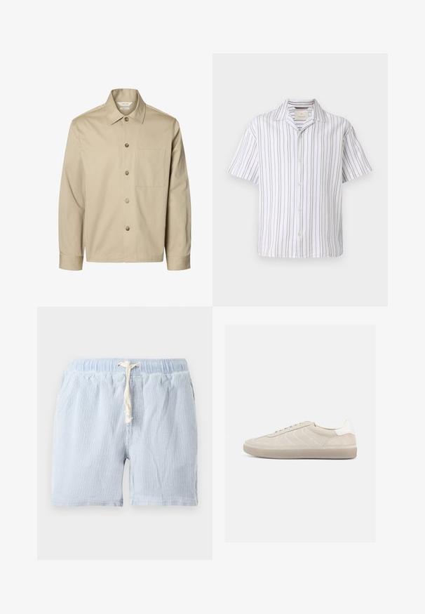 Camisa beige de manga larga con botones, con cuello y un bolsillo en el pecho, mostrada de frente sobre un fondo blanco.; Camisa de manga corta hecha de tejido ligero, con rayas verticales blancas y beige, un cuello y cierre de botones en la parte delantera.; Pantalones cortos a rayas de color azul claro, hechos de un tejido suave con cintura elástica y cordón. Con bolsillos laterales y un corte relajado.; Zapatilla beige de ante con parte superior texturizada, contrafuerte de talón blanco liso, cordones finos y suela de goma. Presenta un diseño de perfil bajo.