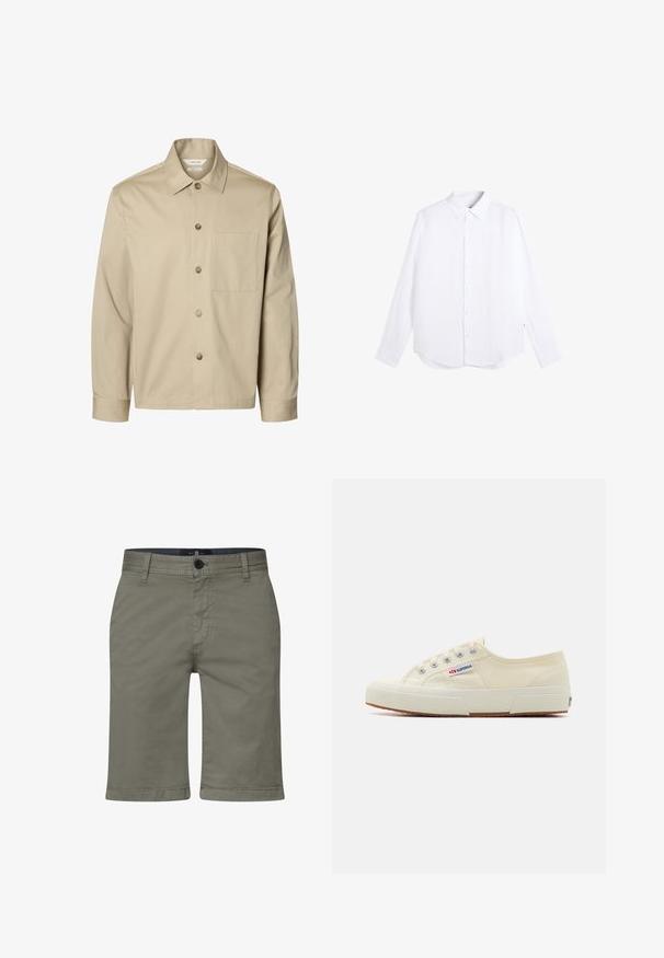 Beige langærmet skjorte med knapper, krave og en brystlomme, vist forfra på hvid baggrund.; Hvid skjorte med lange ærmer og knapper, klassisk krave og lige kant, lagt fladt på hvid baggrund.; Khaki shorts lavet af en blød bomuldsblanding, med lynlås og knaplukning samt forlommer. Lige ben-design, knælængde pasform.; Beige lærredssneaker med et lavprofildesign, metaløjet og gummisål. Har et tekstureret mønster og logodetalje på siden.