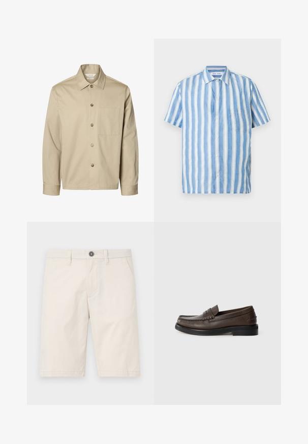Beige langärmliges Hemd mit Knopfleiste, Kragen und einer Brusttasche, von vorne auf weißem Hintergrund dargestellt.; Kurzarmhemd mit hellblauen und weißen vertikalen Streifen, gefertigt aus Leinen, mit spitzem Kragen und einer einzelnen Brusttasche.; Helle beige Shorts aus Baumwolle mit geradem Schnitt, zwei seitlichen Taschen und einem einzelnen schwarzen Knopf am Bund.; Brauner Lederloafer mit einer genähten Detailverzierung auf der Schuhspitze, flacher Sohle und niedrigem, gestapeltem Absatz. Glatte Textur mit minimalistischem Design.