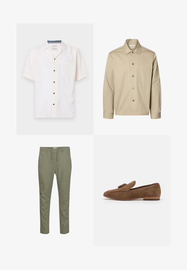Beige langærmet skjorte med knapper, krave og en brystlomme, vist forfra på hvid baggrund.; Kortærmet skjorte lavet af let stof, i off-white, med en brystlomme og sorte knapper langs fronten.; Oliven grønne, letvægtsbukser med justerbar talje, tætsiddende ben og sidelommer. Fremstillet af blødt, åndbart materiale.; Brune mokkasiner i ruskind med frynseaccent, lav profil, rund tå og en tekstureret overflade, sat på en træstabelhæl.
