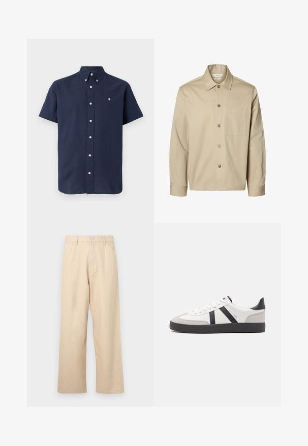 Beige langärmliges Hemd mit Knopfleiste, Kragen und einer Brusttasche, von vorne auf weißem Hintergrund dargestellt.; Kurze Ärmel, navy blauses Hemd aus Baumwolle mit einem Button-Down-Kragen, Vorderknöpfen und einem kleinen gestickten Logo auf der Brust.; Beige weit geschnittene Jeans aus Denim mit strukturierter Oberfläche, die über einen vorderen Knopfverschluss und ein klassisches Fünf-Taschen-Design verfügen.; Weiße Sneaker mit schwarz- und grau-aczenten, ausgestattet mit einer strukturierten grauen Zehenkappe, schwarzer Gummi-Sohle und flachen weißen Schnürsenkeln. Sauberes Design, minimalistische Stil.