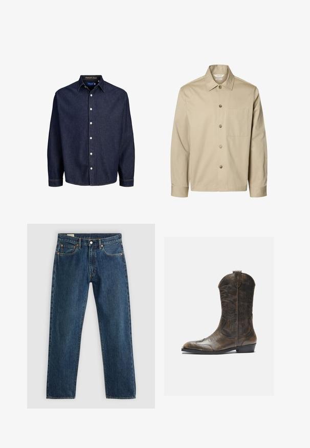 Camisa beige de manga larga con botones, con cuello y un bolsillo en el pecho, mostrada de frente sobre un fondo blanco.; Camisa de mezclilla azul oscuro con frente abotonado, mangas largas y cuello clásico, que presenta botones blancos y costuras en contraste.; Vaqueros de mezclilla azul oscuro con corte recto. Cuenta con cinco bolsillos, remaches de cobre y cierre de botones. Textura suave con detalles de costura.; Bota de cowboy de cuero marrón con un caña alta, puntera puntiaguda, patrones de costura intrincados y un tacón pequeño. Acabado texturizado en toda la bota.