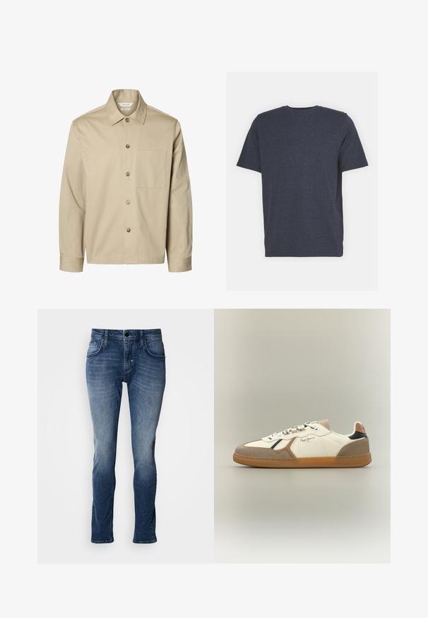 Beige langærmet skjorte med knapper, krave og en brystlomme, vist forfra på hvid baggrund.; Mørkeblå t-shirt med rund hals i blødt bomuldsblandingsstof, med korte ærmer og en almindelig pasform. Ingen synlige mønstre eller detaljer.; Blå denim jeans med en falmet finish, fem-lomme design, lige ben skæring og topstikningsdetaljer. Simpel knap- og lynlås lukning.; Hvid og beige sneaker med ruskindsdetaljer, gummisål, flade snørebånd og logodetalje. Har et strømlinet design med kontrasterende farver.