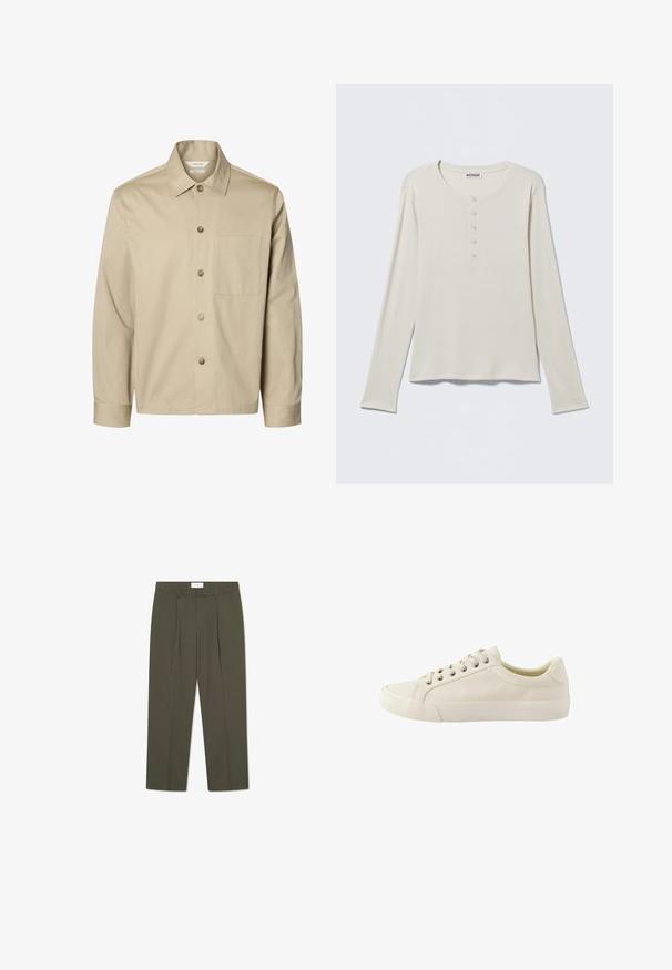 Beige langärmliges Hemd mit Knopfleiste, Kragen und einer Brusttasche, von vorne auf weißem Hintergrund dargestellt.; Langärmeliges cremefarbenes Henley-Shirt mit rundem Ausschnitt und Fünf-Knopf-Leiste, mit dem Label Weekday, auf einem neutralen Hintergrund flach ausgelegt.; Olivgrüne Hose mit vertikalen Nadelstreifen, tailliertem Bund, Falten und geradem Bein. Glatte Textur.; Next REGULAR FIT - LONGLINE SMART CASUAL - Sneaker low - neutral