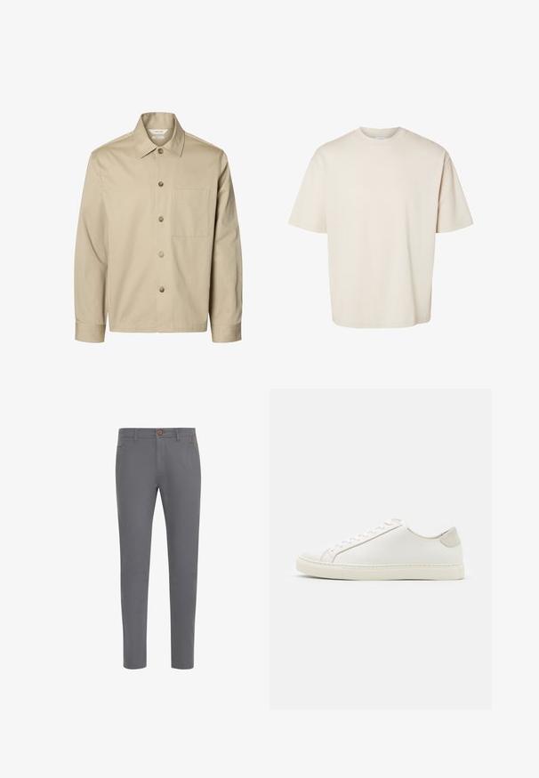 Beige overhemd met lange mouwen, knopen, een kraag en één borstzak, van voren getoond tegen een witte achtergrond.; Effen beige oversized katoenen T-shirt met korte mouwen en ronde hals, plat gelegd op een witte achtergrond.; Grijze katoenen broek met een aansluitend ontwerp, voorzien van een knoopsluiting, standaardzakken en een gladde textuur.; Witte leren sneaker met een gladde oppervlakte, ronde neus en minimalistisch ontwerp. Heeft beige accenten op de hiel en een rubberen zool.