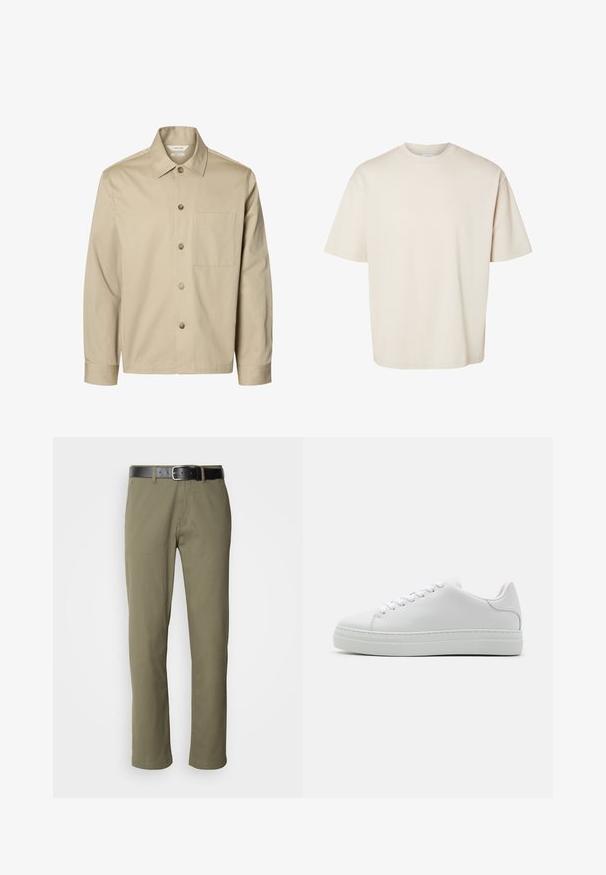 Beige langærmet skjorte med knapper, krave og en brystlomme, vist forfra på hvid baggrund.; Simpel beige kortærmet oversize bomuld t-shirt med rund halsudskæring, vist fladt på hvid baggrund.; Olivengrønne lige ben bukser lavet af bomuld, med et sort læderbælte, synlig søm og sidelommer.; Hvide lædersneakers med en chunky platformsål, rund tå og seks snørehuller. Glat tekstur med subtile syninger.