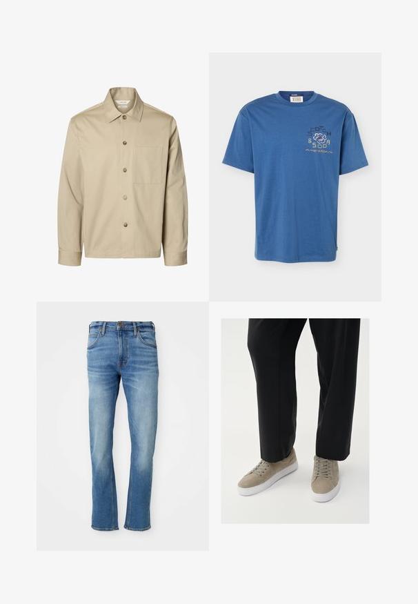 Beige pitkähihainen nappipaita, jossa kaulus ja yksi rintatasku, esitetty edestä valkoisella taustalla.; Sininen lyhythihainen t-paita pyöreällä pääntiellä, jossa "Scotch & Soda Amsterdam" -teksti ja kukkakuvio ylävasemmalla rinnassa.; Vaaleansiniset farkut suoran leikkauksen omaavina, joissa on klassinen viiden taskun muotoilu, hienovarainen kuluminen ja erottuvat ompelusaumat.; Vaaleanharmaat nahkasneakerit, joissa on valkoinen kumipohja, pyöreät nauhat ja minimalistinen muotoilu, yhdistetty mustiin housuihin.