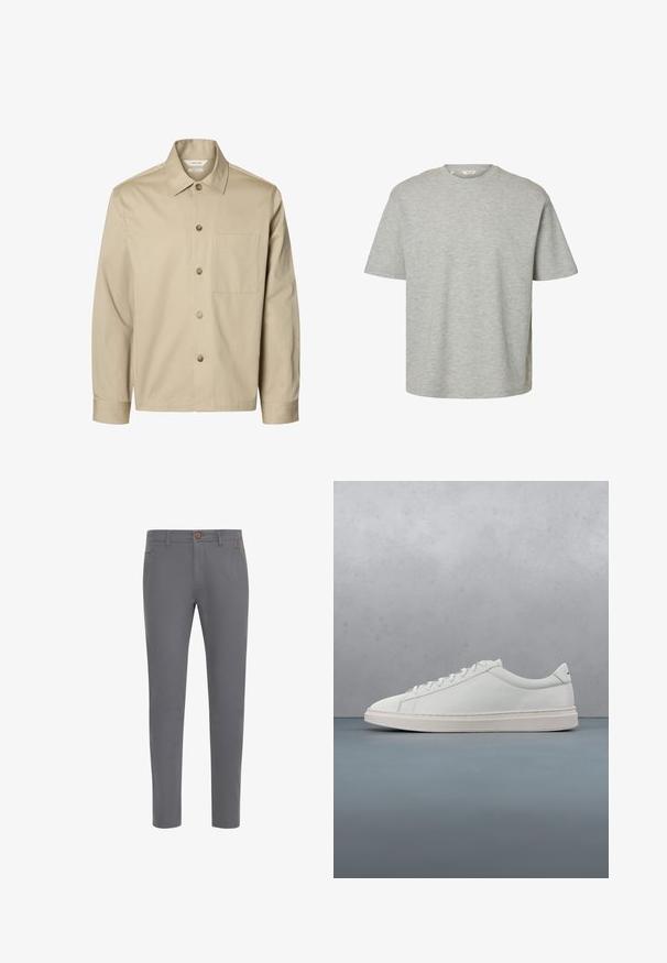 Beige overhemd met lange mouwen, knopen, een kraag en één borstzak, van voren getoond tegen een witte achtergrond.; Lichtgrijs T-shirt met korte mouwen en ronde hals, losse pasvorm en zachte katoenen stof.; Grijze katoenen broek met een aansluitend ontwerp, voorzien van een knoopsluiting, standaardzakken en een gladde textuur.; Witte leren sneaker met een gladde textuur, ronde neus, platte rubberen zool en minimale veters. Subtiele branding aan de zijkant en de hiel.