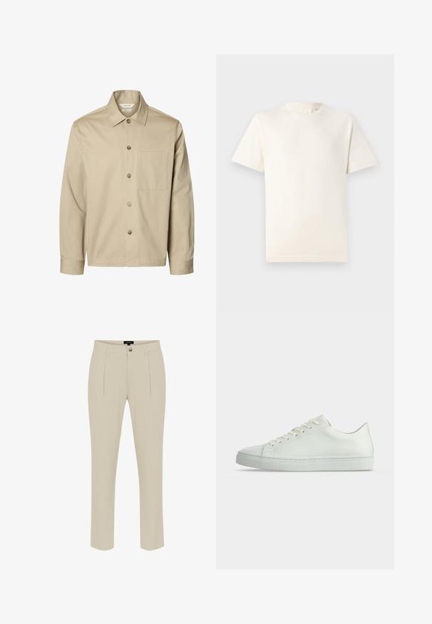 Béžová košeľa s dlhým rukávom na gombíky, s golierom a jedným náprsným vreckom, zobrazená z prednej strany na bielom pozadí.; TOM TAILOR BASIC CREW NECK - Základné tričko - smooth light sand; Béžové na mieru šité nohavice s hladkou textúrou, vybavené zapínaním na gombík, prednými záhybmi a zužujúcimi sa nohavicami.; Biely nízky teniska s šnúrkami, hladkým koženým zvrškom a plochou gumovou podrážkou, zobrazená z boku na jednoduchom pozadí.