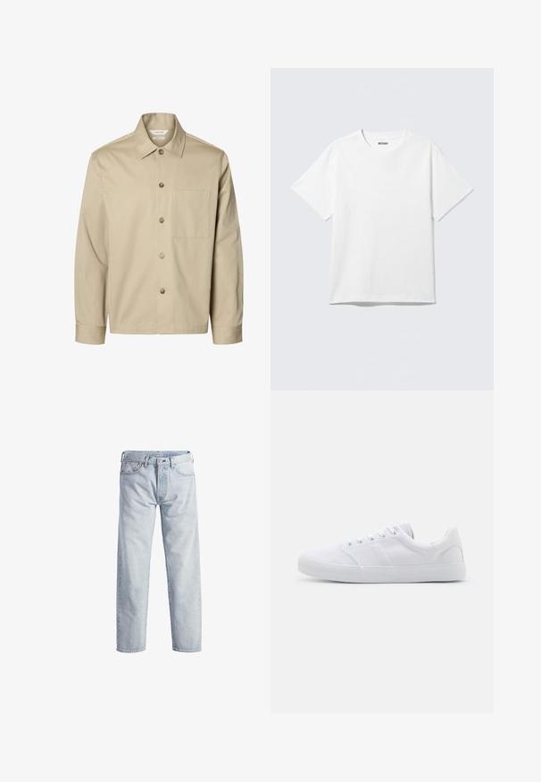 Camisa beige de manga larga con botones, con cuello y un bolsillo en el pecho, mostrada de frente sobre un fondo blanco.; Camiseta blanca de manga corta con cuello redondo, colocada plana, diseño liso, con etiqueta "WEEKDAY" en el interior del cuello sobre un fondo claro.; Vaqueros de mezclilla de color azul claro con un diseño de pierna recta, cierre de botón, cinco bolsillos y una textura de desgaste sutil. Presenta detalles de metal.; Zapatillas de lona blancas con suela de goma, que cuentan con seis ojales, una puntera texturizada y un diseño minimalista.