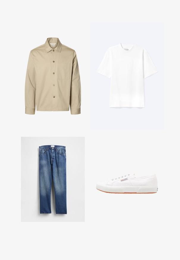 Camisa beige de manga larga con botones, con cuello y un bolsillo en el pecho, mostrada de frente sobre un fondo blanco.; Camiseta lisa blanca de manga corta y cuello redondo con un corte relajado, mostrada sobre un fondo claro.; Vaqueros de mezclilla azul con diseño de pierna recta, presentan desgaste en la parte frontal, estilo clásico de cinco bolsillos y remaches metálicos en los bolsillos.; Zapatillas de lona blancas con suela de goma, diseño de cordones y una pequeña etiqueta con el logo en el lateral. Parte superior texturizada blanca y suela marrón.