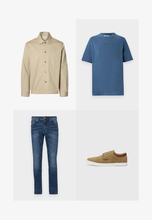 Beige overhemd met lange mouwen, knopen, een kraag en één borstzak, van voren getoond tegen een witte achtergrond.; Blauwe katoenen T-shirt met een ronde hals, korte mouwen en subtiele tekstontwerpen in donkere tinten. Eenvoudige, ontspannen pasvorm, geen patronen.; Donkerblauwe denim jeans met een rechte pijp, vijf zakken, subtiele vervaging, contrasterende stiksels en een knoopsluiting in de taille.; Tansuedeten sneaker met een witte rubberen zool, bruin leren accenten op de hiel en zilveren oogjes voor de veters. Eenvoudig, rond ontwerp.