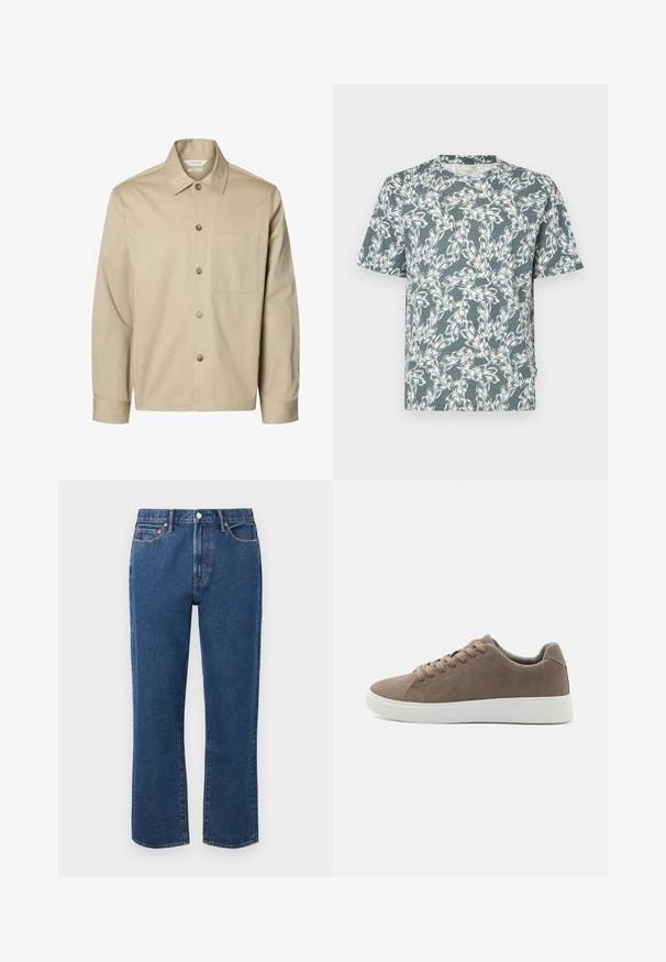 Beige langärmliges Hemd mit Knopfleiste, Kragen und einer Brusttasche, von vorne auf weißem Hintergrund dargestellt.; Kurzärmliges T-Shirt in Tealfarbe mit einem weißen Blumenmuster. Hergestellt aus leichtem Stoff mit einer lässigen Passform.; Blaue gerade Jeans aus Denim mit einem Knopfverschluss, fünf Taschen und kontrastierenden orangen Nähte.; Braune Wildledersneaker mit flachen weißen Gummisohlen, Schnürdesign, abgerundete Zehen und einer glatten Textur. Minimalistischer Stil mit dezenten Nähdetails.