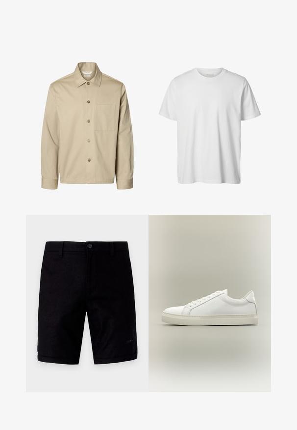 Chemise beige à manches longues avec boutons, col et une poche poitrine, montrée de face sur fond blanc.; T-shirt blanc uni à manches courtes, col rond, coupe décontractée, sans logos ni motifs visibles à l'avant.; Shorts noirs au tissu lisse, dotés d'une fermeture à bouton, de poches classiques et de poignets retroussés. Fabriqués en tissu léger.; Baskets blanches basses à lacets sur l’avant et semelle épaisse, vues de côté sur un fond neutre.