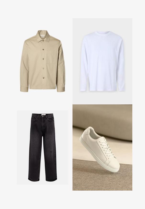 Beige langærmet skjorte med knapper, krave og en brystlomme, vist forfra på hvid baggrund.; Hvid langærmet t-shirt lavet af blød bomuld, med en rund halsudskæring og subtile syninger over fronten og skuldrene.; Sorte denim jeans med bred benpasform, der har fem lommer, en syet talje og en diskret logodetalje nær knæet.; Hvide lædersneakers med hvide snørebånd, præsenteret på en beige tekstureret overflade og med en blødt uskarp baggrund.