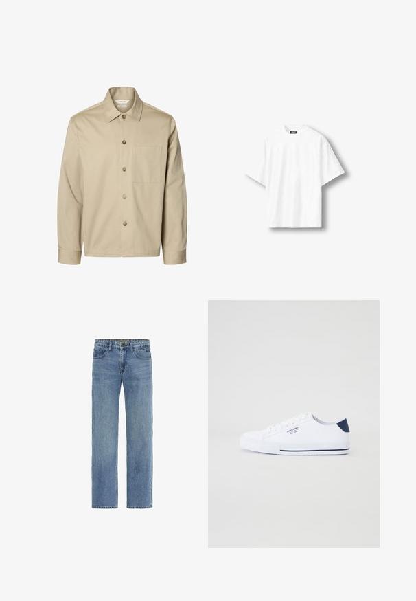 Beige langærmet skjorte med knapper, krave og en brystlomme, vist forfra på hvid baggrund.; Hvid, kortærmet oversize T-shirt med rund hals og sort label på indersiden af nakkekanten, vist på en lys baggrund.; Blå straight-leg denim jeans med forlommer, bæltestropper, knaplukning og synlige syninger på hvid baggrund.; Hvide kanvas sneakers med en marineblå hælaccents, flad gummisål, rund tå og hvide snørebånd. Har logo på siden.