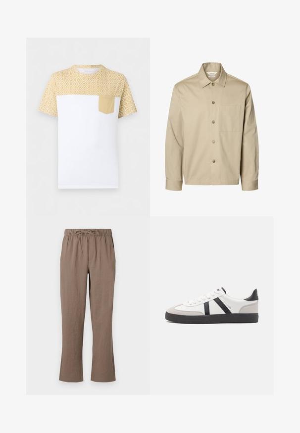 Chemise beige à manches longues avec boutons, col et une poche poitrine, montrée de face sur fond blanc.; T-shirt blanc à manches courtes avec un motif géométrique jaune sur le haut et les manches, avec une poche poitrine jaune unie sur le côté gauche.; Pantalons en coton marron avec une taille à cordon de serrage, une coupe large et une légère évasement aux chevilles ; texture lisse et sans motifs apparents.; Baskets blanches avec des accents noirs et gris, présentant un embout texturé gris, une semelle en caoutchouc noir et des lacets plats blancs. Design épuré, style minimaliste.