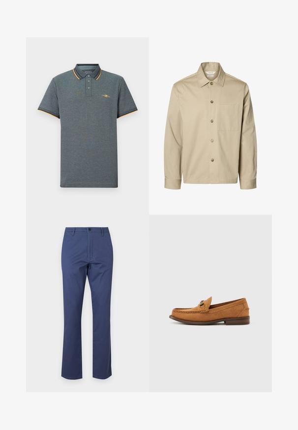 Beige langærmet skjorte med knapper, krave og en brystlomme, vist forfra på hvid baggrund.; Grå polo shirt med et tekstureret stof, der har en tre-knaps placket, lyseblå og orange kraveaccenter samt et lille logo på brystet.; Marineblå bomuldsbukser med lynlåsgylp,.frontlommer og lige ben. Glat tekstur med en knaplukning i taljen.; Lysebrun herre loafer i ruskind med metalbitdetalje og synlig syning på moc-tåen, vist i profil mod en ensfarvet hvid baggrund.