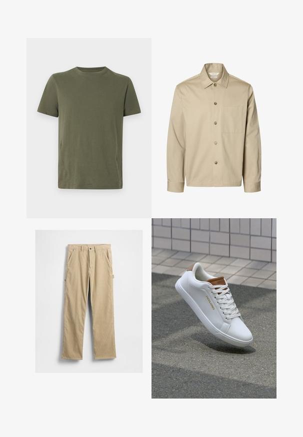 Chemise beige à manches longues avec boutons, col et une poche poitrine, montrée de face sur fond blanc.; T-shirt vert olive à manches courtes en coton doux, avec un col rond et un design uni. Aucun motif ni accent visible.; Pantalon en velours côtelé beige à jambes droites, avec poches avant et fermeture à bouton. Comprend une poche latérale et un tissu texturé.; Baskets en cuir blanc avec une texture lisse, accent beige au niveau du talon, logo doré sur le côté et semelle en caoutchouc avec une adhérence texturée.