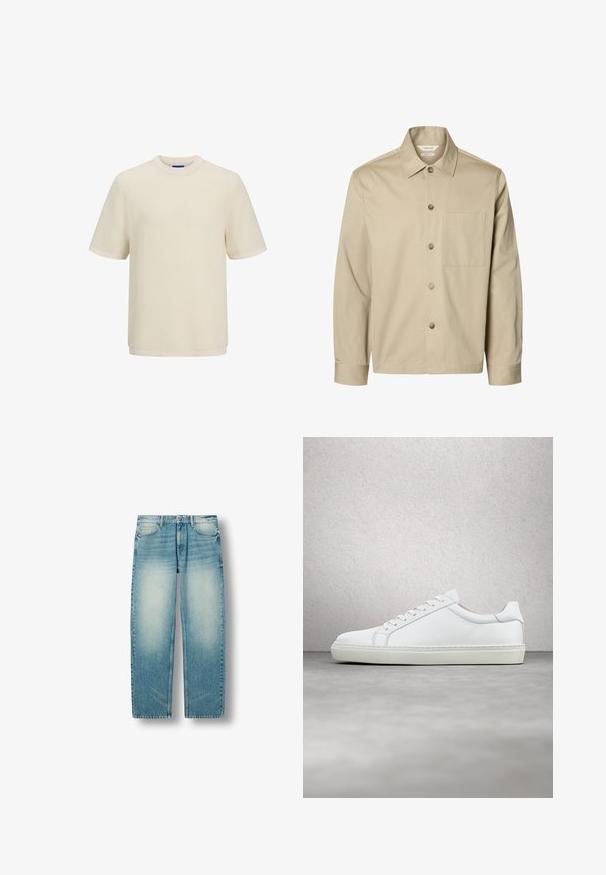 Chemise beige à manches longues avec boutons, col et une poche poitrine, montrée de face sur fond blanc.; T-shirt crème à manches courtes en tricot texturé. Présente un col rond et un ourlet droit.; Jean droit en denim bleu clair avec des zones d'effilochage aux cuisses, poches avant, passants de ceinture et fermeture par bouton.; Sneaker blanche avec une tige en cuir lisse et un profil bas. Présente un bout arrondi, six œillets et une semelle en caoutchouc texturé.