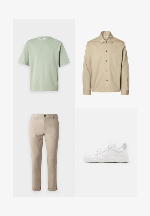 Beige overhemd met lange mouwen, knopen, een kraag en één borstzak, van voren getoond tegen een witte achtergrond.; Lichtgroene katoenen t-shirt met een ronde hals en korte mouwen. De stof heeft een gladde textuur en is niet versierd met enige patronen.; Jack & Jones JPSTMARCO FURY NOOS - Chino - atmosphere; Witte leren sneakers met een gladde afwerking, ronde neus, platte veters en een gestructureerde zool. Grijze suède accent bij de hiel.