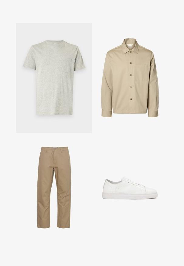 Chemise beige à manches longues avec boutons, col et une poche poitrine, montrée de face sur fond blanc.; T-shirt gris clair à manches courtes avec col rond et petite poche sur la poitrine gauche, présenté sur un fond blanc uni.; Pantalons en coton beige avec une coupe droite, présentant une fermeture éclair et un bouton à l'avant, des poches latérales et une finition soignée.; Baskets en cuir blanc avec une texture lisse, bout arrondi, design à lacets et accents de coutures subtils sur une semelle en caoutchouc plate.