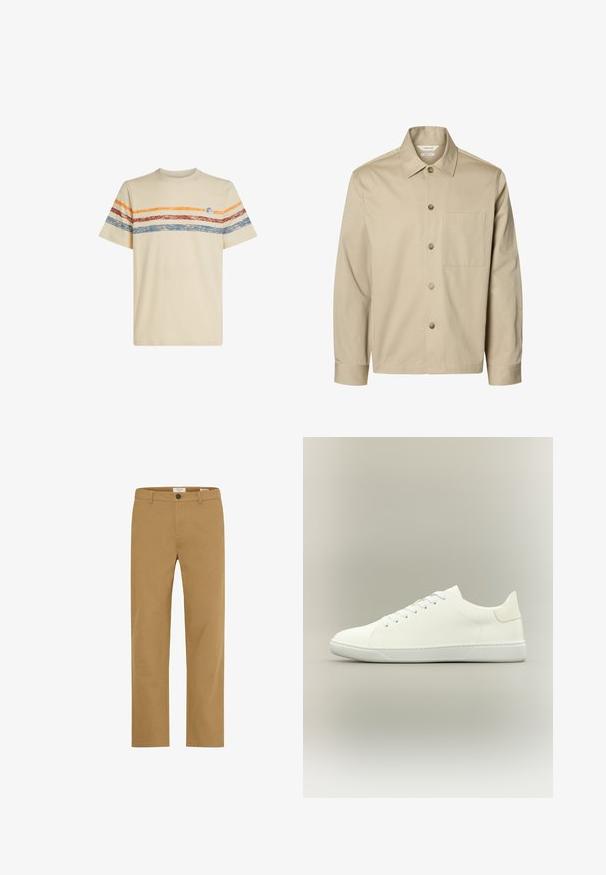 Beige overhemd met lange mouwen, knopen, een kraag en één borstzak, van voren getoond tegen een witte achtergrond.; Crème katoenen t-shirt met horizontale strepen in oranje, rood en blauw. Korte mouwen, ronde halslijn en een klein logo detail op de borst.; Chino's in beige met een rechte pijpvorm, gemaakt van katoenen stof. Voorzien van een knoopsluiting aan de voorkant en standaard zakken. Soepele textuur.; Witte lage sneaker met veters, een bovenwerk van glad leer en een platte rubberen zool op een neutrale achtergrond.