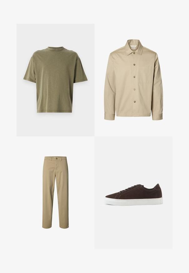 Beige langærmet skjorte med knapper, krave og en brystlomme, vist forfra på hvid baggrund.; Olivengrønt crop t-shirt lavet af blødt stof med høj rund hals og korte ærmer i en afslappet skæring.; Beige bukser med lige ben med knap- og lynlåslukning, bæltestropper og uden synlige lommer, vist på en hvid baggrund.; Mørkebrune ruskind lave sneakers med matchende snørebånd og tyk hvid gummisål, vist fra siden på en ensfarvet baggrund.