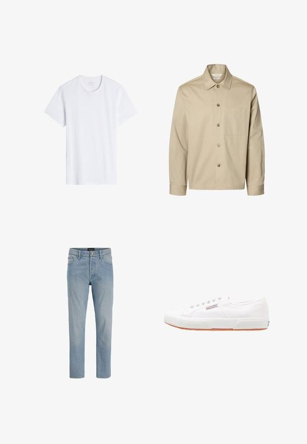 Chemise beige à manches longues avec boutons, col et une poche poitrine, montrée de face sur fond blanc.; T-shirt blanc à manches courtes avec un col rond. Confectionné en coton doux, il présente une coupe décontractée et des coutures minimales.; Jeans en denim bleu clair avec une coupe droite, un design à cinq poches, une fermeture à boutons et une finition légèrement délavée.; Baskets en toile blanches avec une semelle en caoutchouc, design à lacets et une petite étiquette logo sur le côté. Tige blanche texturée et semelle extérieure marron.
