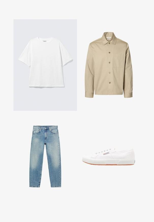 Chemise beige à manches longues avec boutons, col et une poche poitrine, montrée de face sur fond blanc.; T-shirt blanc oversize à manches courtes, col rond, épaules tombantes, posé à plat sur fond gris clair.; Jean droit en denim bleu avec poches avant et passants de ceinture, présentant des détails légèrement décolorés sur les cuisses et les genoux.; Baskets en toile blanches avec une semelle en caoutchouc, design à lacets et une petite étiquette logo sur le côté. Tige blanche texturée et semelle extérieure marron.