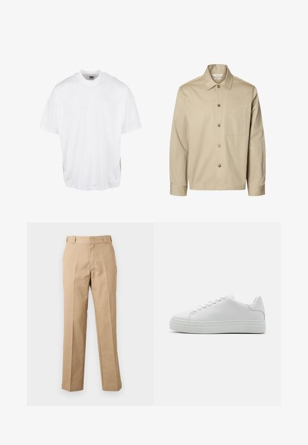 Camisa beige de manga larga con botones, con cuello y un bolsillo en el pecho, mostrada de frente sobre un fondo blanco.; Camiseta de algodón blanca con un corte relajado, mangas cortas y cuello redondo, que presenta un dobladillo recto y sin gráficos ni patrones visibles.; Pantalones beige de pierna recta con trabillas, cremallera frontal y pliegues prensados, mostrados sobre un fondo blanco liso.; Zapatilla de cuero blanca con suela de plataforma gruesa, punta redonda y seis ojetes. Textura suave con detalles de costura sutiles.
