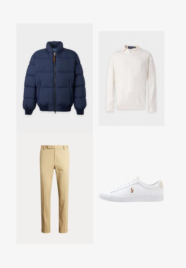 Mørkeblå dunjakke med høj krave, lynlås foran, sidelommer og ribbede manchetter og kant.; Hvid polo med lange ærmer, krave og subtilt logo på venstre bryst af Polo Ralph Lauren.; Beige bukser med lige ben, bæltestropper, frontlynlås og opbukket kant, vist mod en ensartet lys baggrund.; Hvide kanvas sneakers med lågtop design, prydet med en beige hælkappe og et lille broderet logo på siden. Gummisål.