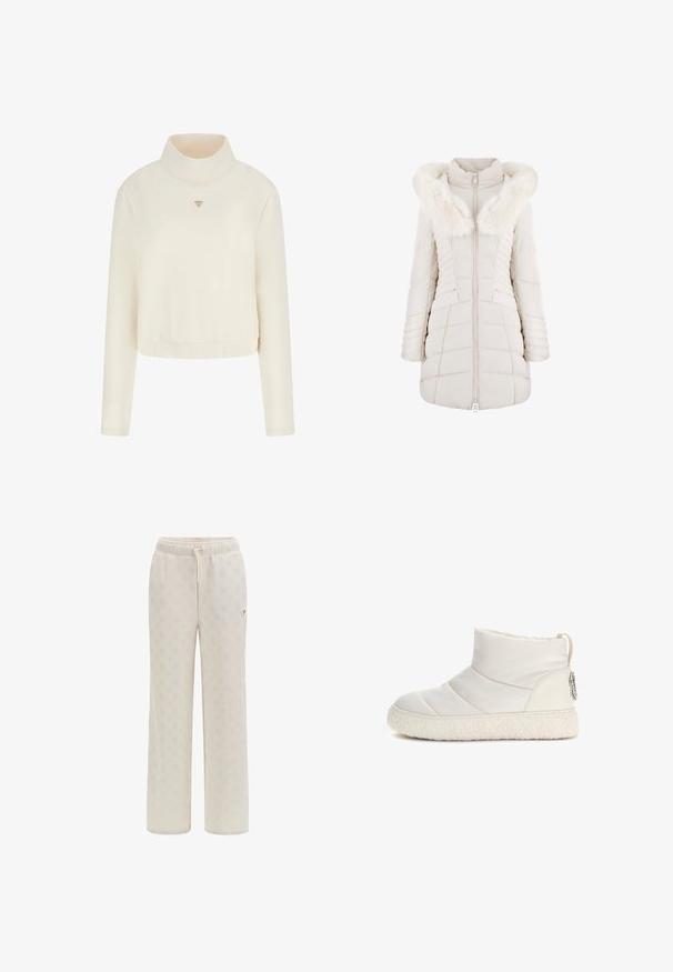 Lichtbeige pufferjack met een nepbontcapuchon, verticale en horizontale gestikte patronen, een ritssluiting aan de voorkant en zijzakken.; Guess Sweater - crema; Crèmekleurige sweatpants van zachte stof, met een subtiel all-over patroon en een elastische tailleband met een trekkoord. Logo-accent aan de zijkant.; Witte enkellaarzen met een gewatteerd ontwerp, voorzien van een gemêleerde rubberen zool en een decoratieve accent op de hak. Gladde synthetisch materiaal.