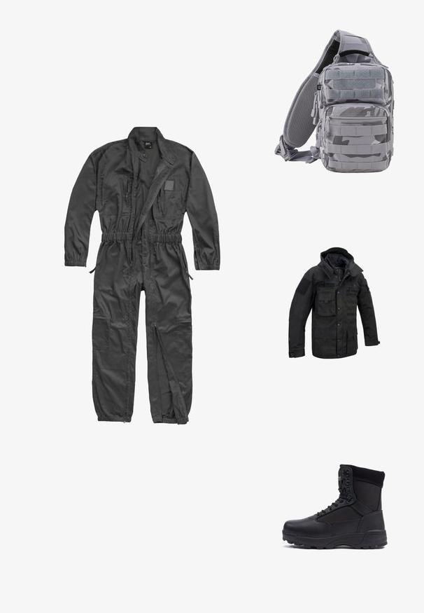 Chaqueta táctica negra hecha de tela duradera, con múltiples bolsillos, capucha ajustable y parches de velcro. Diseño estructurado con costuras reforzadas.; Mono negro de manga larga con cremallera frontal, cintura y puños elásticos, múltiples bolsillos con cremallera y cuello mao con botón a presión.; Bota táctica negra con parte superior de piel lisa y paneles de tela, diseño de tobillo alto, cierre con cordones y suela de goma resistente.; Brandit US COOPER EVERYDAYCARRY-SLING - Bandolera - blizzard camo