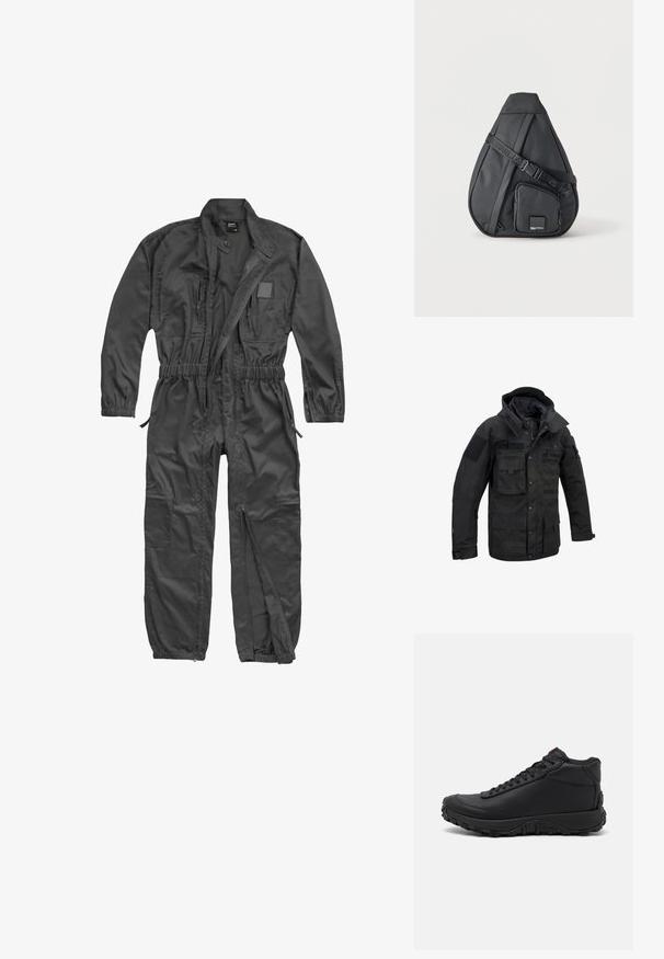 Chaqueta táctica negra hecha de tela duradera, con múltiples bolsillos, capucha ajustable y parches de velcro. Diseño estructurado con costuras reforzadas.; Mono negro de manga larga con cremallera frontal, cintura y puños elásticos, múltiples bolsillos con cremallera y cuello mao con botón a presión.; Zapatillas altas negras hechas de cuero texturizado, con suela de goma gruesa con patrones de tracción y diseño de cordones. Acabado en rojo en la lengüeta.; Bolso cruzado negro en forma de lágrima con correa ajustable y bolsillo delantero con cremallera que presenta un pequeño parche con el logo de la marca.