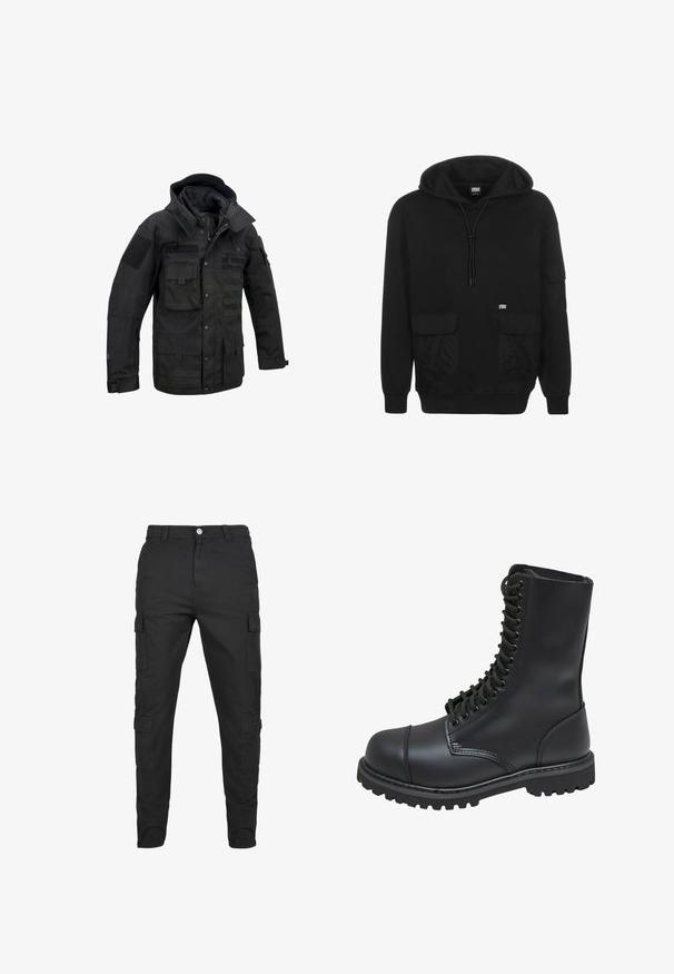 Schwarze taktische Jacke aus strapazierfähigem Stoff, ausgestattet mit mehreren Taschen, verstellbarem Kapuzen und Klettverschlüssen. Strukturierte Form mit verstärkten Nähten.; Schwarzer Kapuzenpulli aus weichem Stoff, mit einer Kordelzugkapuze, Fronttaschen und einem Logo-Patch auf der linken Brustseite.; Schwarze Cargo-Hosen aus strapazierfähigem Stoff. Verfügt über mehrere Seitentaschen, einen Knopfverschluss und ein tailliertes Bein-Design. Flacher Frontschnitt, keine Muster.; Schwarze Lederkampfstiefel mit hohem Schaft, Schnürung an der Vorderseite, gepolstertem Kragen und rutschfester, strukturierter Sohle für guten Halt. Mit verstärkter Zehenkappe.
