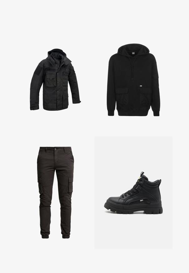 Schwarze taktische Jacke aus strapazierfähigem Stoff, ausgestattet mit mehreren Taschen, verstellbarem Kapuzen und Klettverschlüssen. Strukturierte Form mit verstärkten Nähten.; Schwarzer Kapuzenpulli aus weichem Stoff, mit einer Kordelzugkapuze, Fronttaschen und einem Logo-Patch auf der linken Brustseite.; Schwarze Cargo-Hosen aus Baumwollmischung, mit Seitentaschen, elastischen Bündchen, Knopfverschluss und einer glatten, matten Textur.; Schwarze hoch geschnittene Schuhe aus strukturiertem Leder, mit einer dicken Gummisohle, Schnürung vorne und einem kleinen Logodetail an der Seite.