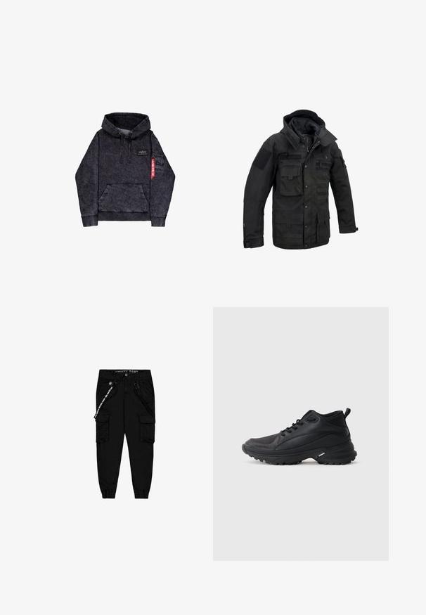 Sort taktikjakke lavet af holdbart stof, med flere lommer, justerbar hætte og velcro-lapper. Struktureret design med forstærkede sømme.; Sort melange hoodie med kængurulomme, justerbar snor i hætten, logo-patch på brystet og sidelomme med rødt mærke.; Sorte cargo bukser lavet af letvægtsstof, med to sidelommer, en elastisktalje og justerbare ankelmanchetter.; Sorte atletikskøjter lavet af syntetisk materiale. Har en polstret krave, rund tå, robust ydersål med godt greb og detaljer med mærkelogo.
