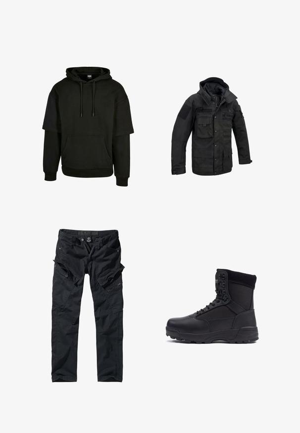 Veste tactique noire en tissu durable, dotée de multiples poches, d'une capuche ajustable et de patchs en velcro. Design structuré avec des coutures renforcées.; Haut à capuche noir avec poche kangourou, cordon de serrage, et manches courtes avec des éléments de design étendus. Fabriqué en tissu doux et texturé.; Pantalons cargo noirs en tissu durable, dotés de multiples poches, de fermetures éclair et d'une taille ajustable pour un confort et une utilité optimaux.; Botte tactique noire avec une tige en cuir lisse et des panneaux en tissu, design montante, fermeture à lacets à l'avant et semelle en caoutchouc robuste.