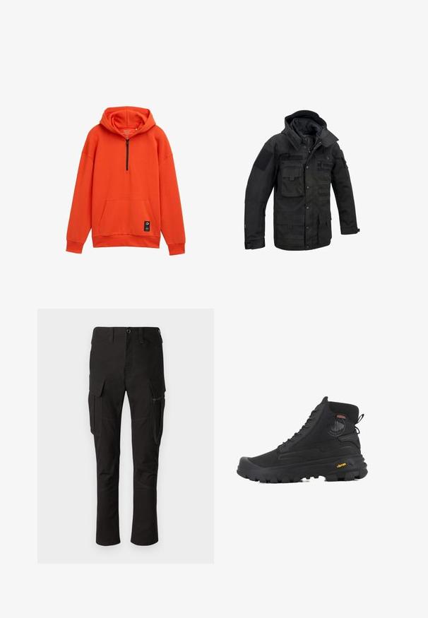 Schwarze taktische Jacke aus strapazierfähigem Stoff, ausgestattet mit mehreren Taschen, verstellbarem Kapuzen und Klettverschlüssen. Strukturierte Form mit verstärkten Nähten.; Orangene Kapuzenjacke mit halbem Reißverschluss, Kängurutasche und gerippten Bündchen. Hergestellt aus weichem Stoff, mit einem markierten Etikett am Saum.; Schwarze Cargo-Hosen mit mehreren Taschen, einem seitlichen Reißverschlussfach und verstärkten Nähten, mit einem geraden Beinschnitt und strapazierfähigem Stoff.; Schwarze hohe Stiefel mit strukturierten Oberflächen, ausgestattet mit einem wasserdichten Design, Schnürsystem und einer ausgeprägten Gummisohle mit Vibram-Branding.